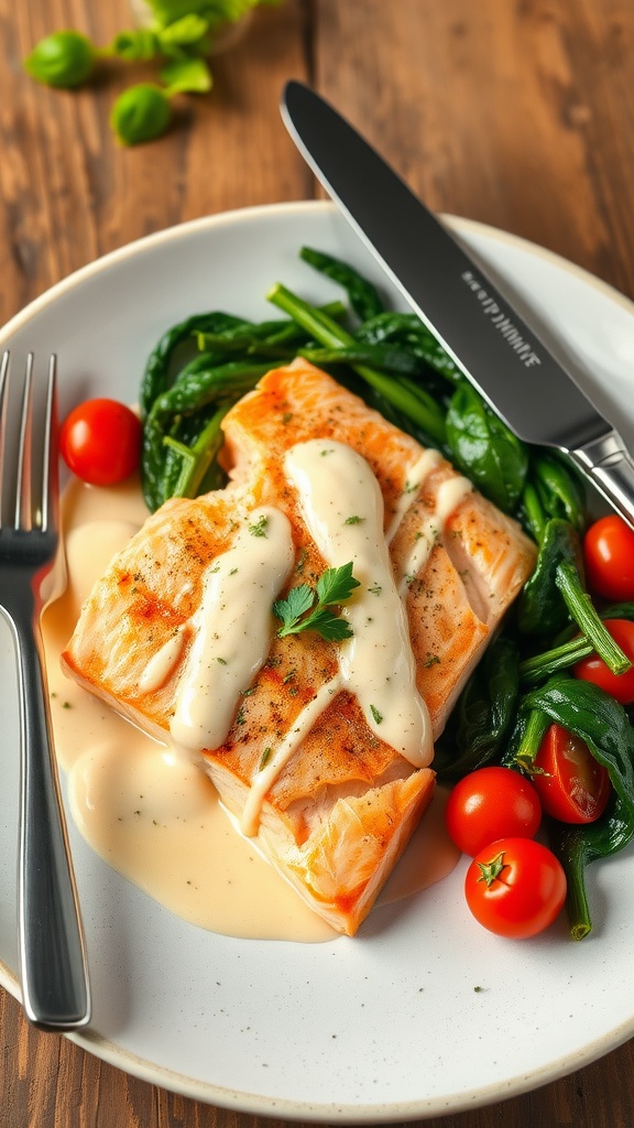 Creamy garlic parmesan salmon served with sautéed spinach and cherry tomatoes, garnished with parsley.